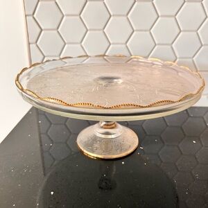 Elegant Glass Cake Stand with Gold Accents. 1950s Jeannette Glass Harp Design